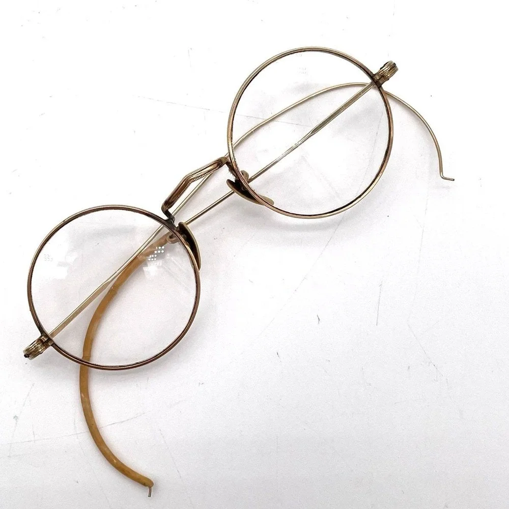 VTG 10K Gold Filled Round Wire Rim Eyeglasses w/ Clip-On Green Sunglasses & Case